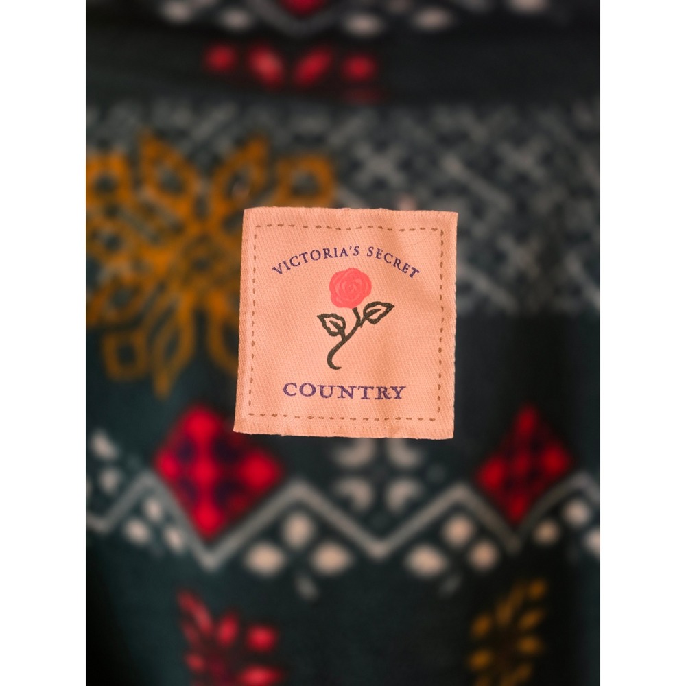 Victorias Secret Country Fleece Quarter Zip Pullover Fair Isle Teal Red Large - Picture 4 of 5